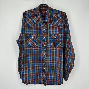 Vtg Rustler Western Pearl Snap Shirt XLong Tails Cowboy Rodeo Blue Plaid Size XL